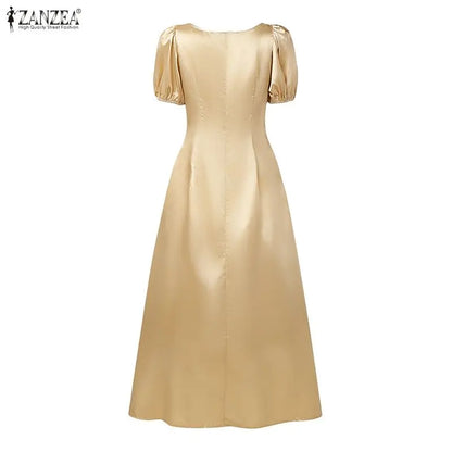 ZANZEA Elegant Chic Women Satin Wedding Guest Party Long Dresses Square Neck Short Puff Sleeve Fitted Waist A-Line Dress S-3XL
