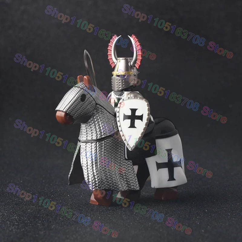 MOC Medieval Military Crusader Knight Building Blocks Castle Army Soldier Figure Horse Mount Shield Sword Accessories Bricks Toy