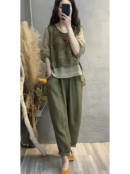 Faionable Cotton Linen Set Women's Summer New Print Patchwork Fake Two-Piece Top Harlan Pants Slimming Two-Piece Set