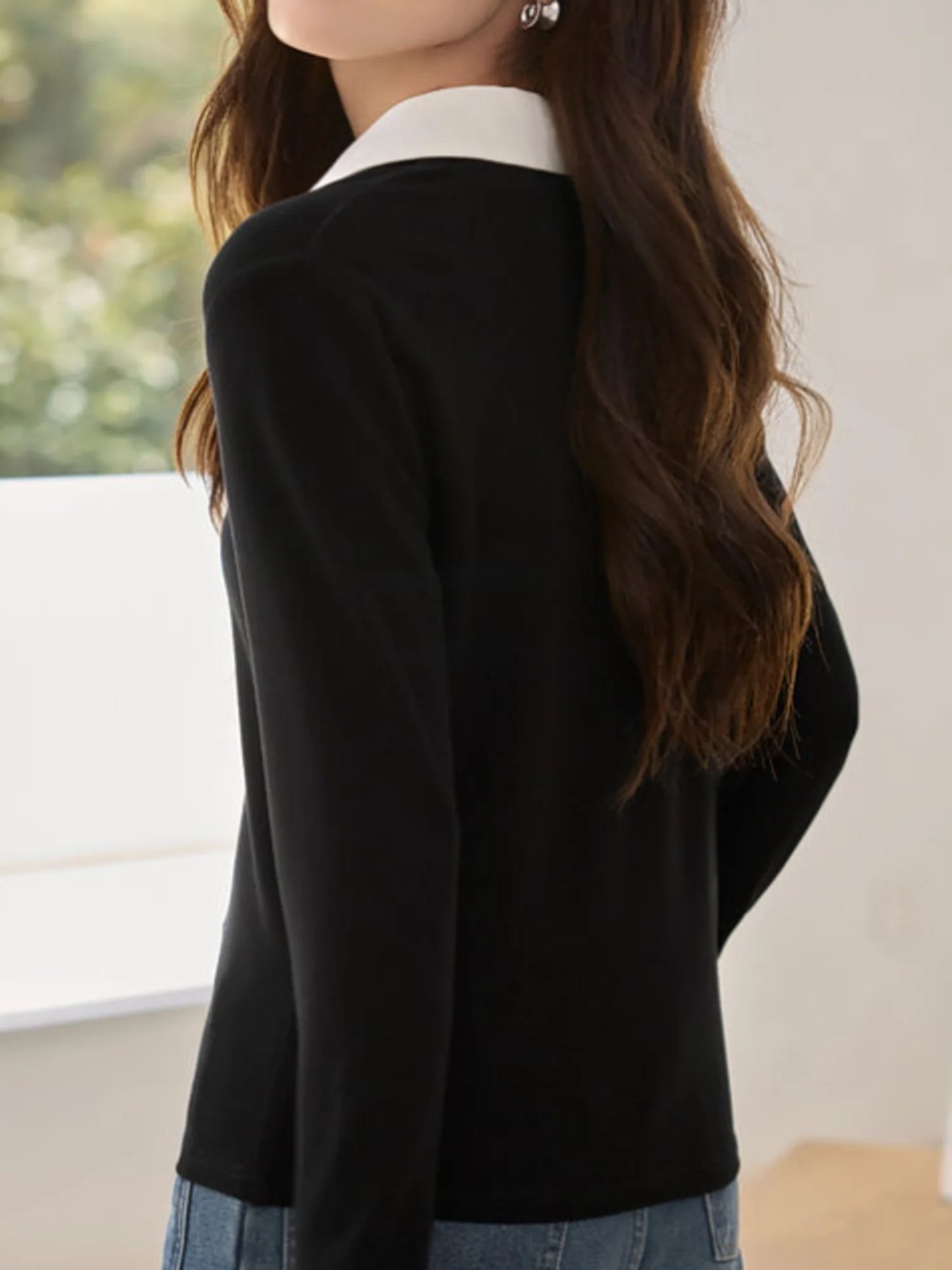 Women's solid color long-sleeved POLO shirt neckline contrast design, spring and autumn fashion casual daily knitted tops.