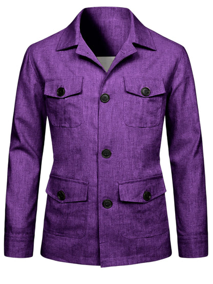 Men's Linen Blend Safari Jacket Retro British Style Multi-Pocket Workwear Coat Business Casual Suit Blazer for Spring Summer