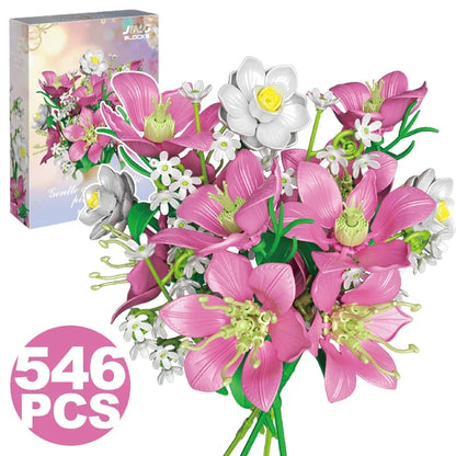 Creative 546PCS Pink lily Bouquet Building Blocks Jasmine Immortal Flowers Home Desk Plant Decoration Assemble Bricks Toys Gifts