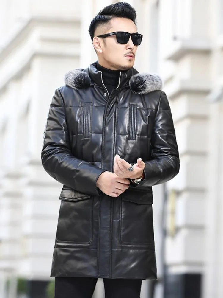 Winter Real Sheepskin Overcoat Men Zipper Thick Warm Hooded Genuine Leather Down Coat  Plus Size 5XL Streetwear Casual Coat Men