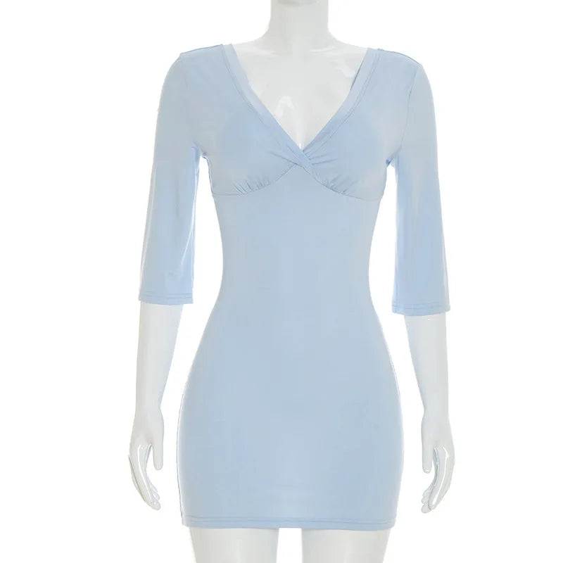 Tsiisd Women's Blue Deep V Neck Mini Dress Slim Office Commute Summer Daily  Streetwear Fashion Party Dress Female Bodycon Dress