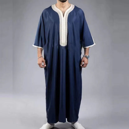 Traditional Middle Eastern Muslim Ethnic Style Men's Robe Eid al Fitr Clothing Round Neck Embroidered Men's Robe