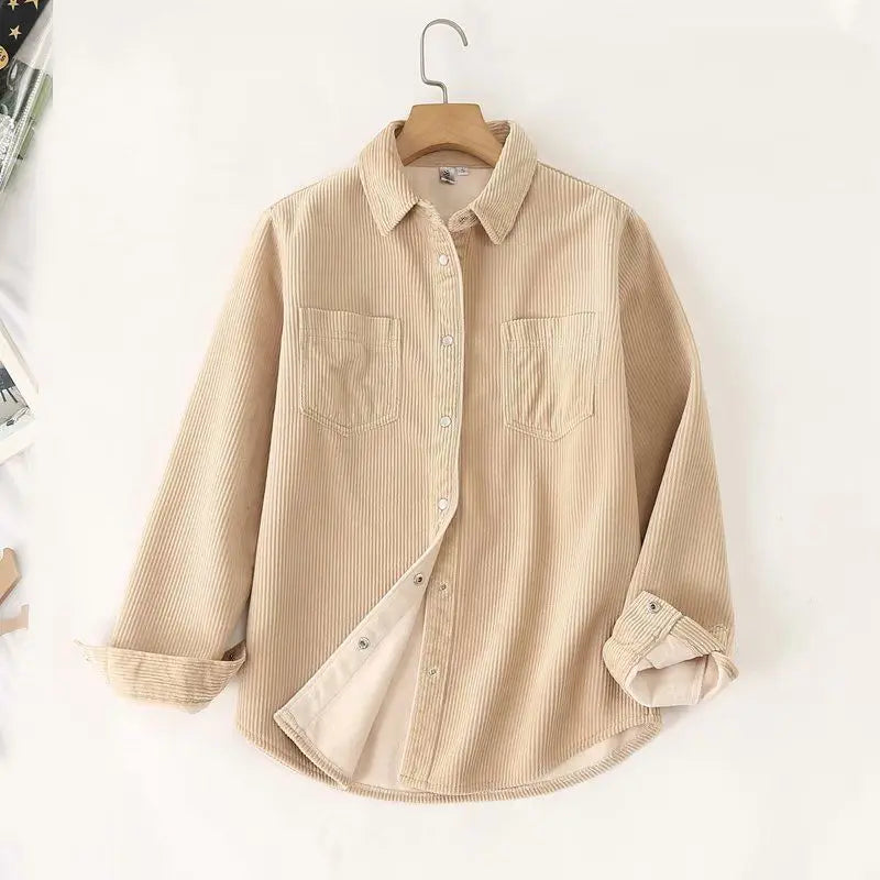 Autumn Winter Thickened Fleece Women's Long Sleeve Shirt Pure Color Corduroy Open Cardigan Loose Top Outerwear Jacket