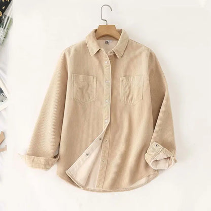 Autumn Winter Thickened Fleece Women's Long Sleeve Shirt Pure Color Corduroy Open Cardigan Loose Top Outerwear Jacket