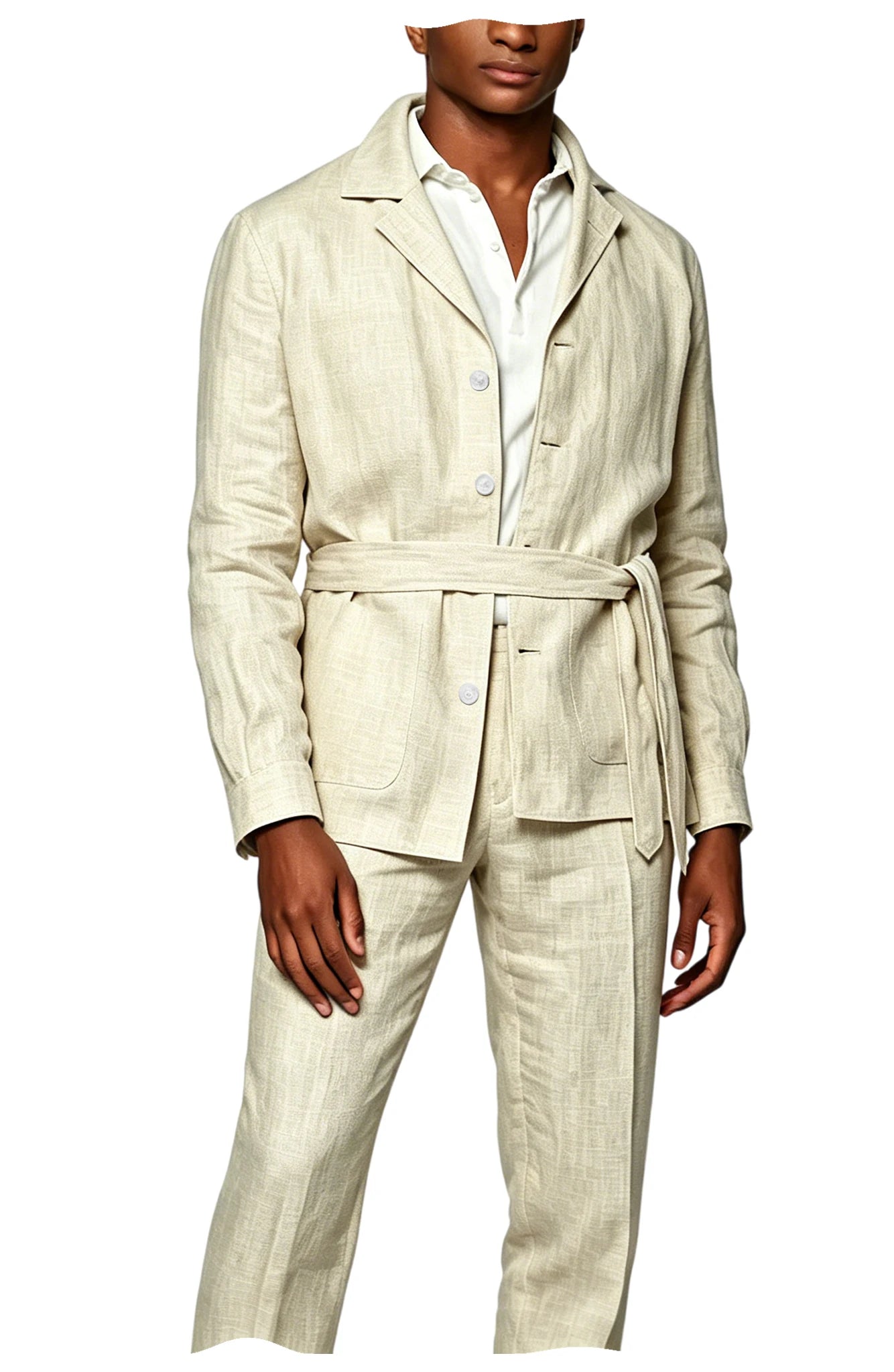 Men's Linen Belted Suit 2 Piece Set Casual Breathable Blazer & Pants Summer Lightweight Business Casual Outfit for Wedding Beach