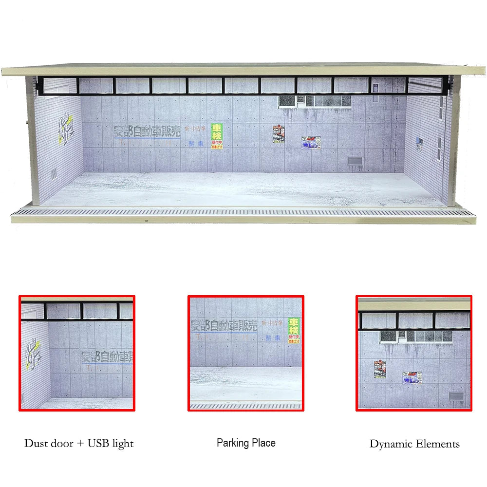1/64 Scale Diecast Car Garage Diorama Model Miniature Case LED Light Parking Garage Diorama Kit for Collectible Cars Model