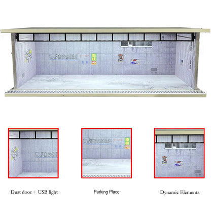 1/64 Scale Diecast Car Garage Diorama Model Miniature Case LED Light Parking Garage Diorama Kit for Collectible Cars Model