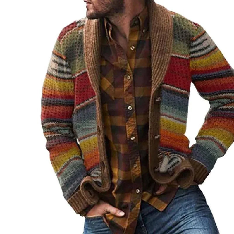 Mens 2026 Fall Winter Color Block Cardigan Collared Knit Sweater Jacket Casual Outerwear