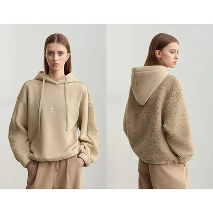 Amii Drawstring Hooded Splicing Imitation Lamb Wool Sweatshirt Embroidered 2024 Winter Women's Loose Thermal Tops 12444131