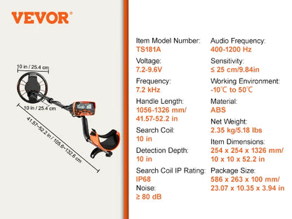 VEVOR Metal Detector for Adults & Kids 10Inch Waterproof Search Coil with LCD Display 7 Modes Adjustable 41''-52'' Aluminum Stem