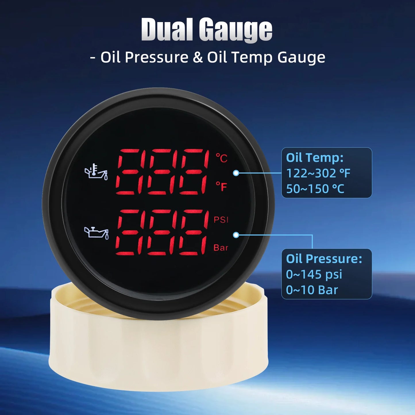 52MM 2 in 1 Digital Oil Temperature & Oil Pressure Gauge 50~150 Celsius Thermometer Indicator Oil Press 0~10 Bar for Boat Cars