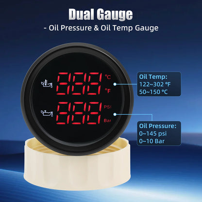 52MM 2 in 1 Digital Oil Temperature & Oil Pressure Gauge 50~150 Celsius Thermometer Indicator Oil Press 0~10 Bar for Boat Cars