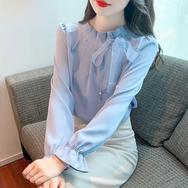 Retro Bow Tie Long Sleeve Shirt Women's Autumn New Design Elegant Top Korean Style Loose Fit round Neck  Color