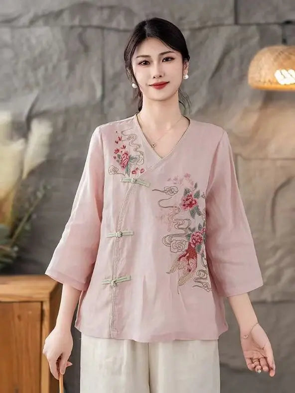 New 2025 Women's Linen Shirt V-Neck Side Button Chinese Style Loose Top National Style Floral Embroidery Thin Summer Fashion