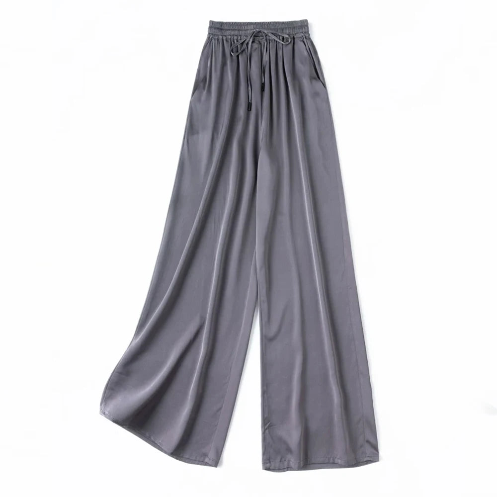 Vertical Naked Feeling 93% Natural Mulberry Silk Elastic Double Qiao Satin Elastic Waist Women's Fashionable Wide Leg Pants