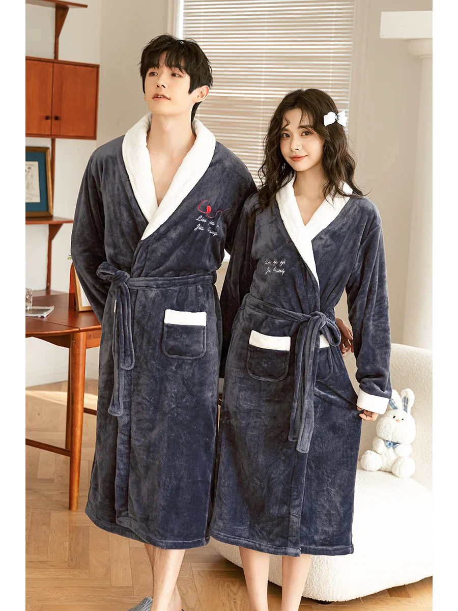 Thickened Coral Fleece Robe Long Home Wear for Men And Women Winter Warm Sleepwear Couple Matching Pajamas Velvet Fabric