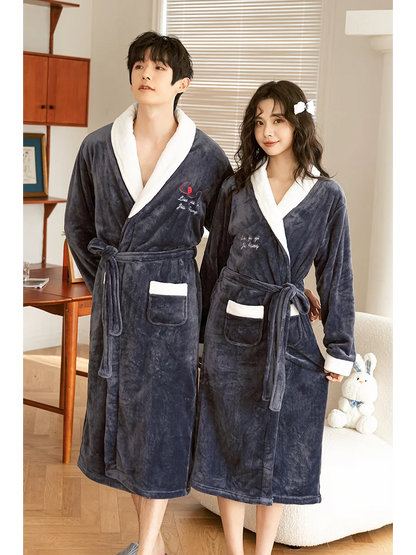 Thickened Coral Fleece Robe Long Home Wear for Men And Women Winter Warm Sleepwear Couple Matching Pajamas Velvet Fabric