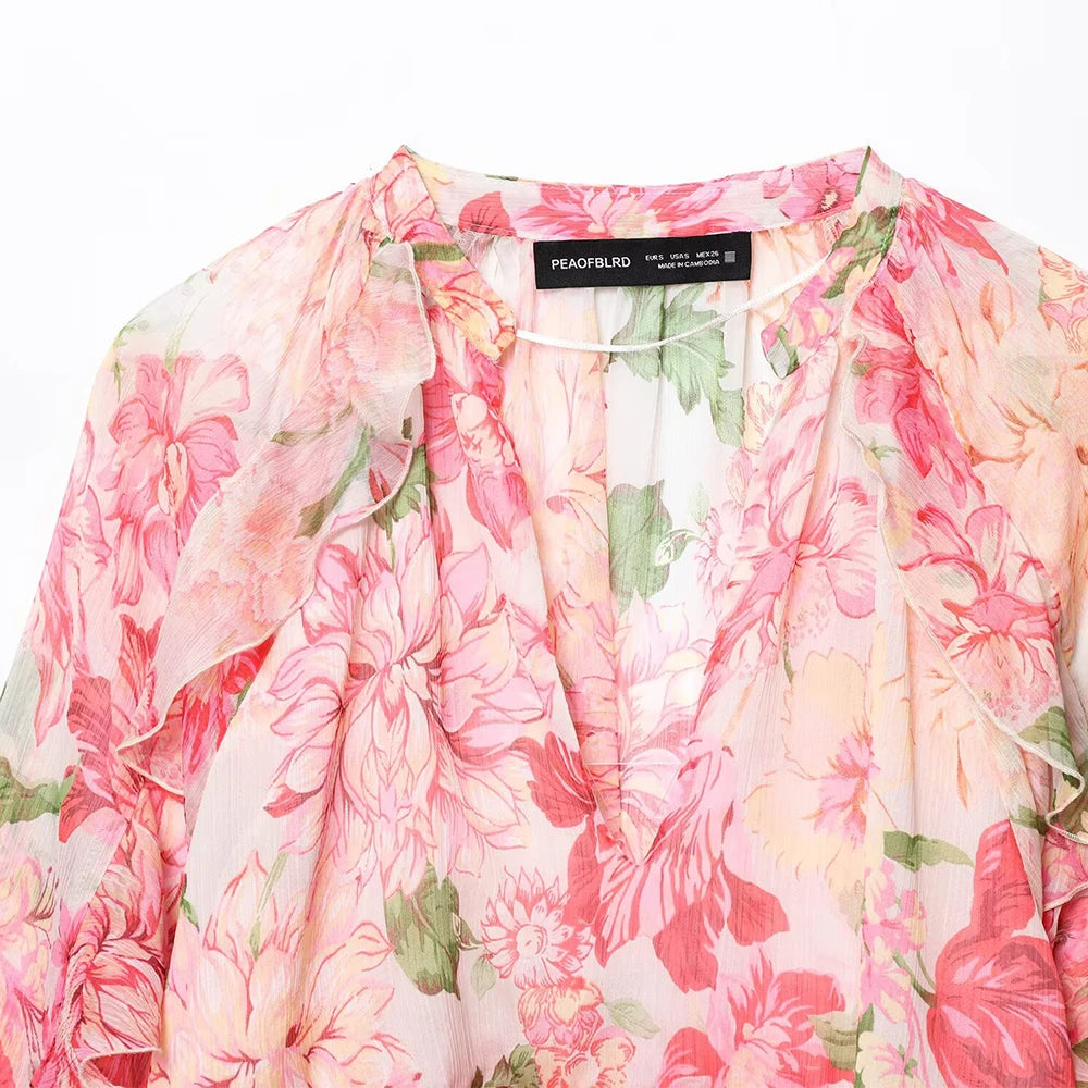 Women New Fashion Summer Casual Chic Women Blouse V-Neck Tiered Long Sleeve Loose Shirts Vintage Style Tops 3130359