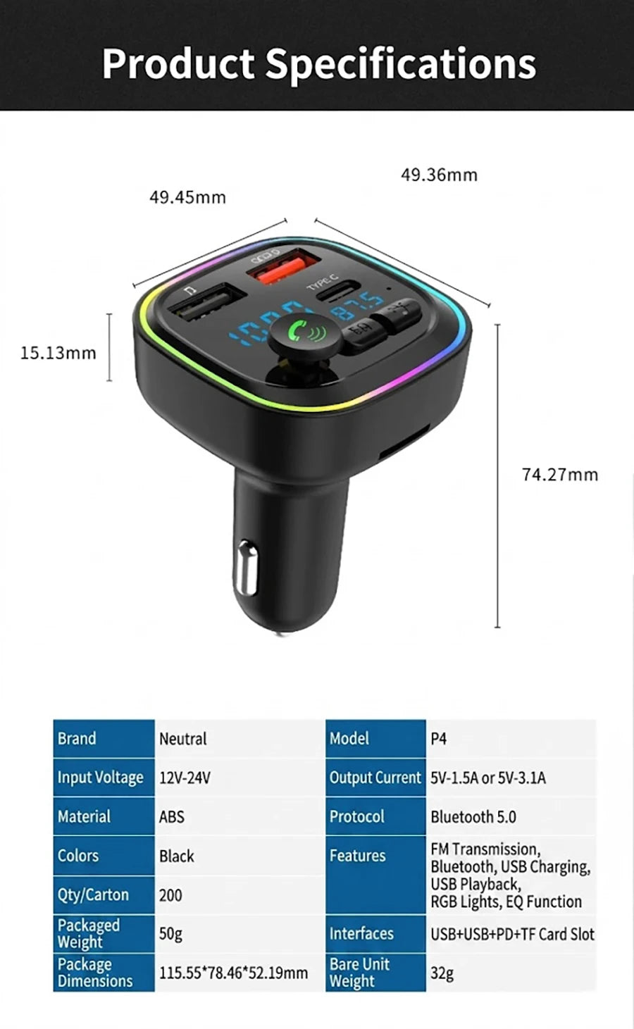 Car Bluetooth FM Transmitter Audio Adapter With RGB Ring Light Dual USB QC3.0 And Type-C Fast Charger Hands-Free MP3 Player