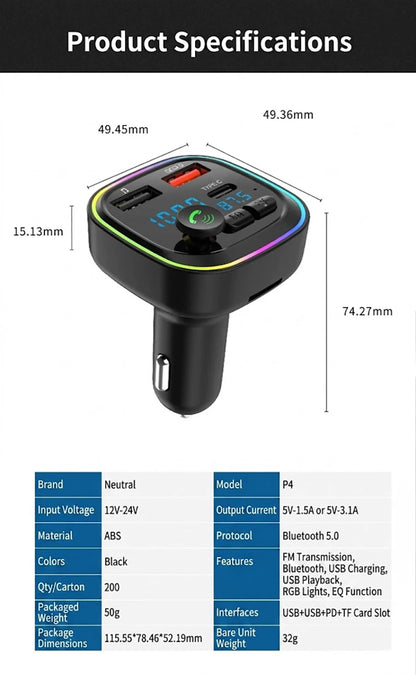 Car Bluetooth FM Transmitter Audio Adapter With RGB Ring Light Dual USB QC3.0 And Type-C Fast Charger Hands-Free MP3 Player