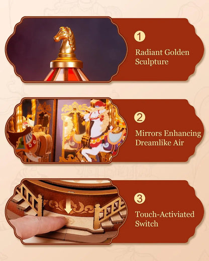Robotime 3D Wooden Puzzle Carousel Music Box With LED Lights Gear Model Building Construction Craft Kits Xmas Gifts for Adult