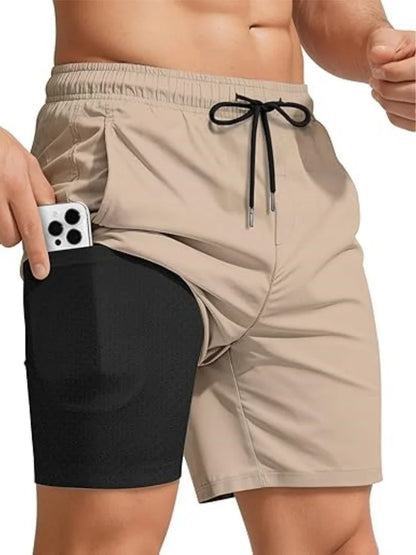 2026 Summer Men's Swim Trunks 5 Inch With Compression Liner Board Shorts Bathing Suits Pockets Beach Swimsuits Surfing LYZ095