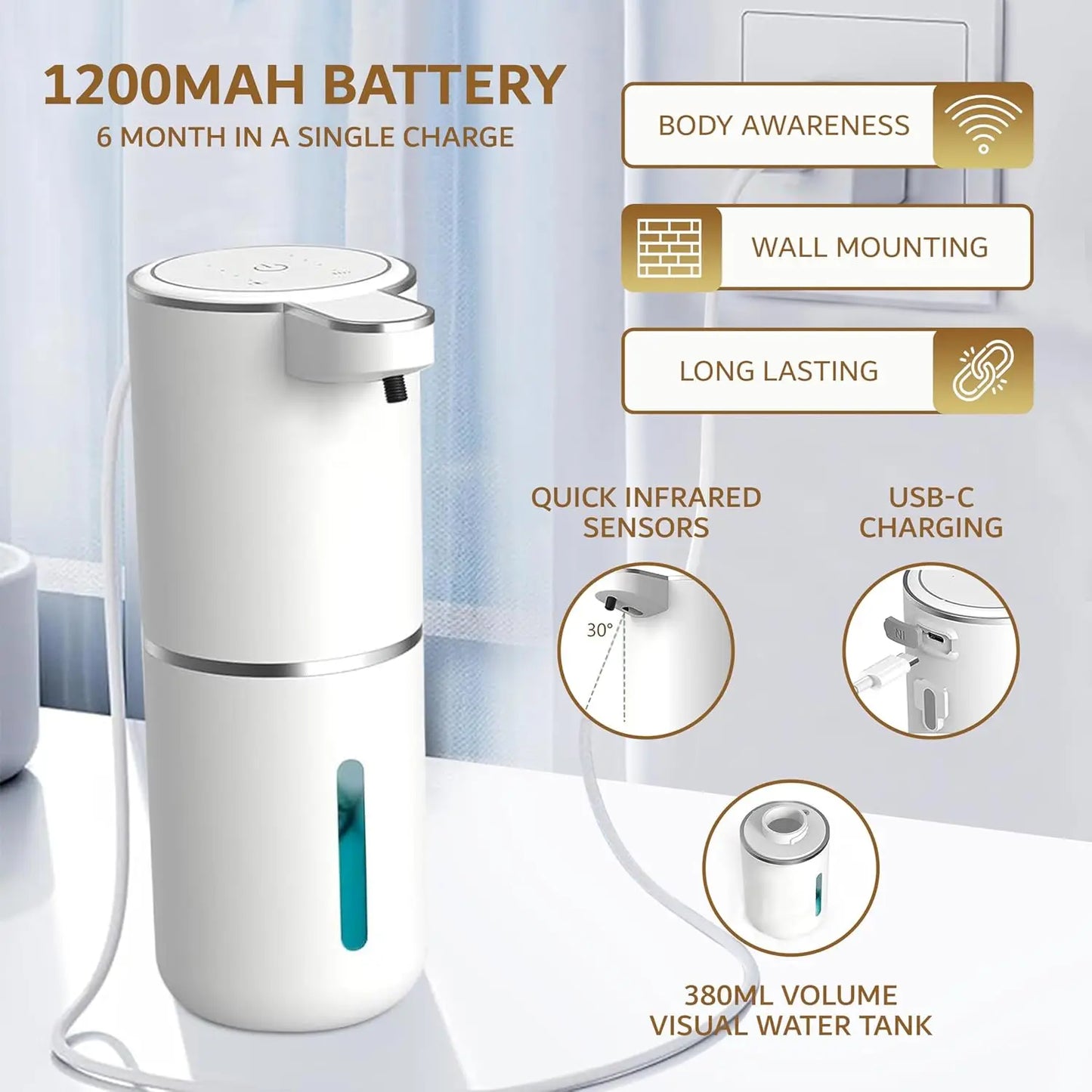 380ML Automatic Foam Soap P11 Dispenser Bathroom Smart Washing Hand Machine With USB Charging White ABS Material