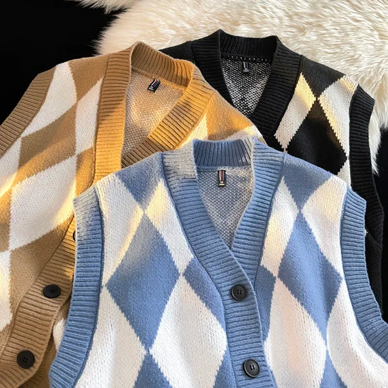 Autumn Winter Men Casual Checkerboard Comfortable Versatile Breathable Warm Vest Cardigan New Men Sports Leisure Warm Knit Vest