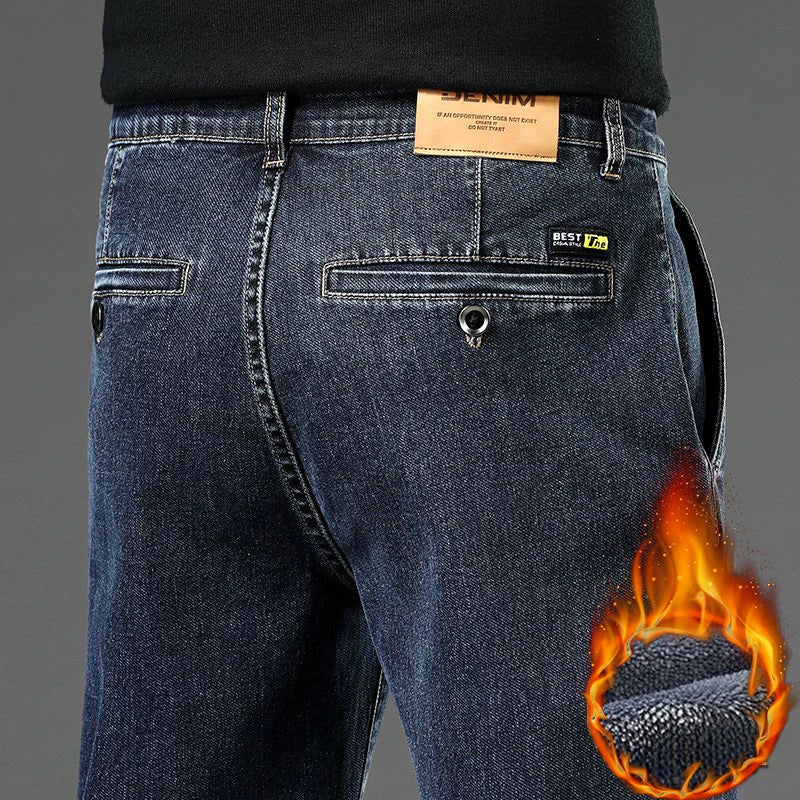 Warm Fleece-Lined Jeans Men's Relaxed Straight Leg Thickened Casual Velvet Denim Trousers Comfortable Daily Work Long Pants