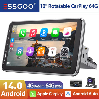 10.1'' 4+64GB 360° Rotatable Single 1DIN Car Stereo Android 14 Carplay WIFI Head Unit FM Radio Bluetooth SWC GPS Navi+DVR&Camera
