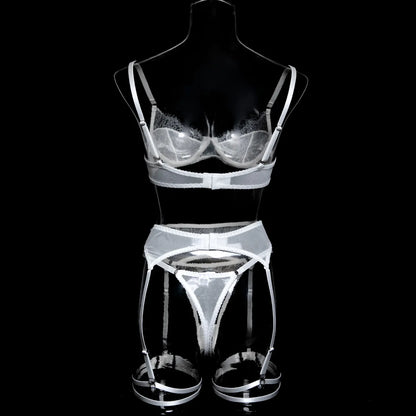 Ellolace Fancy Lingeries Sexy Hot Elegant Bra 3PC Set with Leg Circles Sissy Solid Color Intimate Eyelash Lace Patchwork Costume