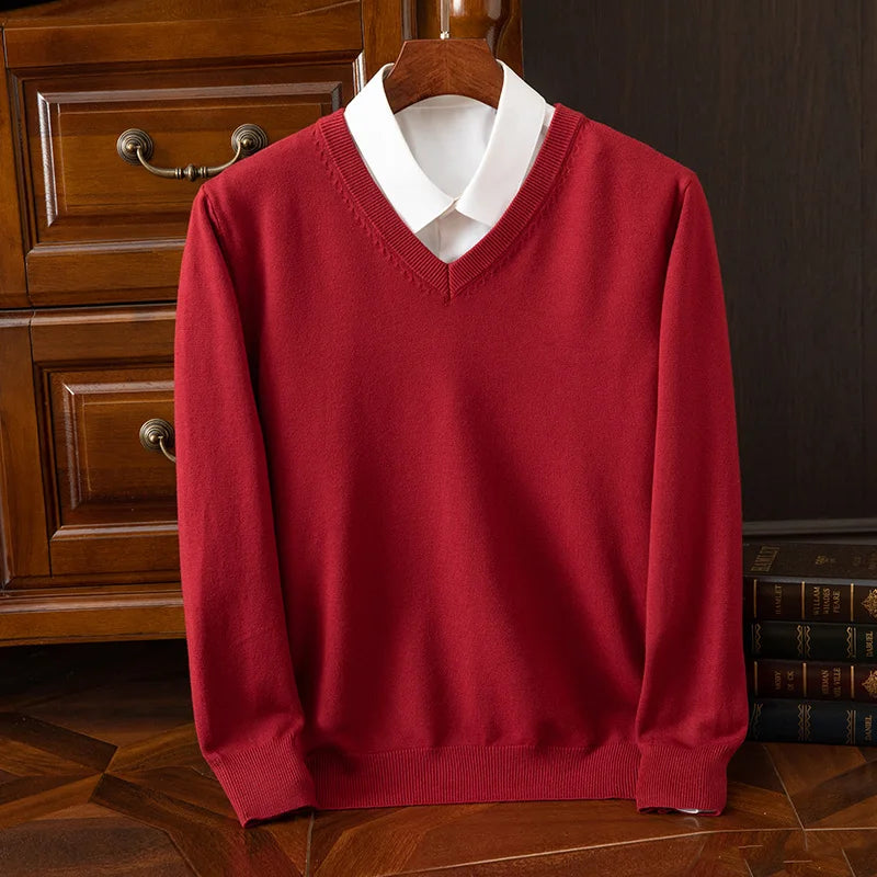Autumn Winter Basic Merino Wool V-neck Sweater Men's Fashionable Casual Business Knitwear Cashmere Pullover Clothing Tops