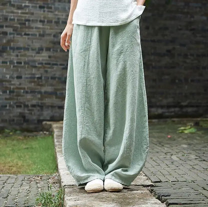 2024 Cotton Linen Bloomers Wide Leg Pants Women Vintage Full Length Fashion Elegent Pants Solid Elasitic Waist Spring Autumn 5XL