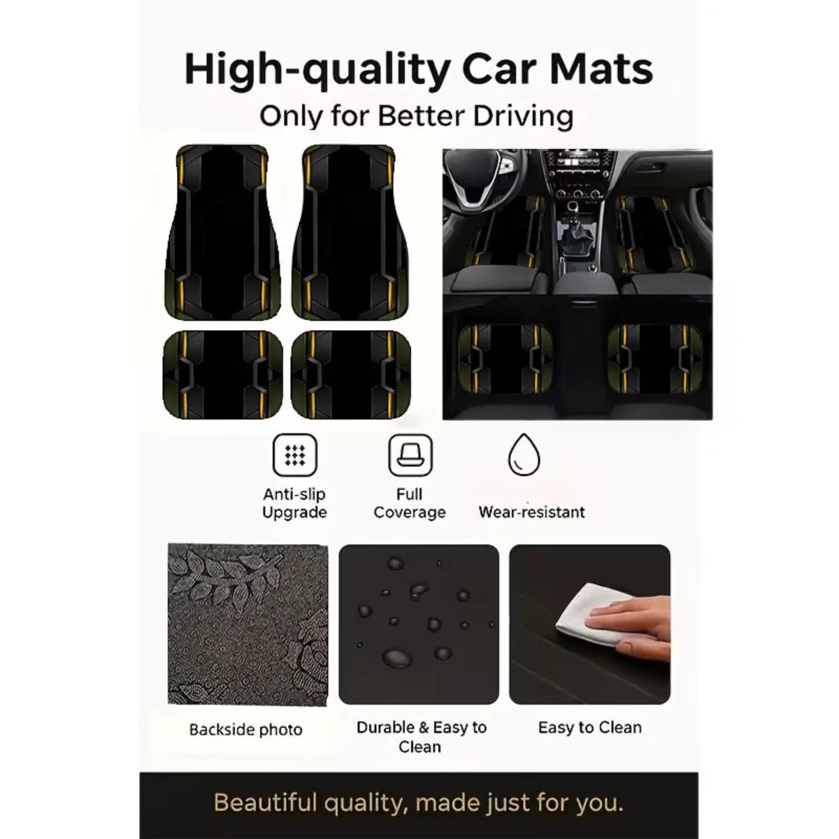 Black Gold Olive Green Tech Geometric Car Floor Mats 4PCS Universal Futuristic Sport Non-slip Foot Mats Interior Accessories