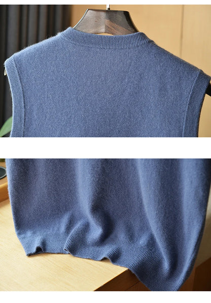 Autumn and Winter Men 100% Cashmere T-shirt V-neck Vest Simple Generous Wool Jumper Blue Soft Skin Breathable Men's Clothing