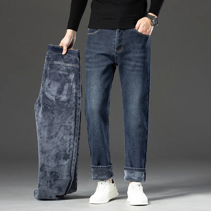 Winter Men's Slim Loose Straight Elastic Denim Pants Casual Clothing Fashion Plush Thickening Trousers Fleece Thick Warm Jeans