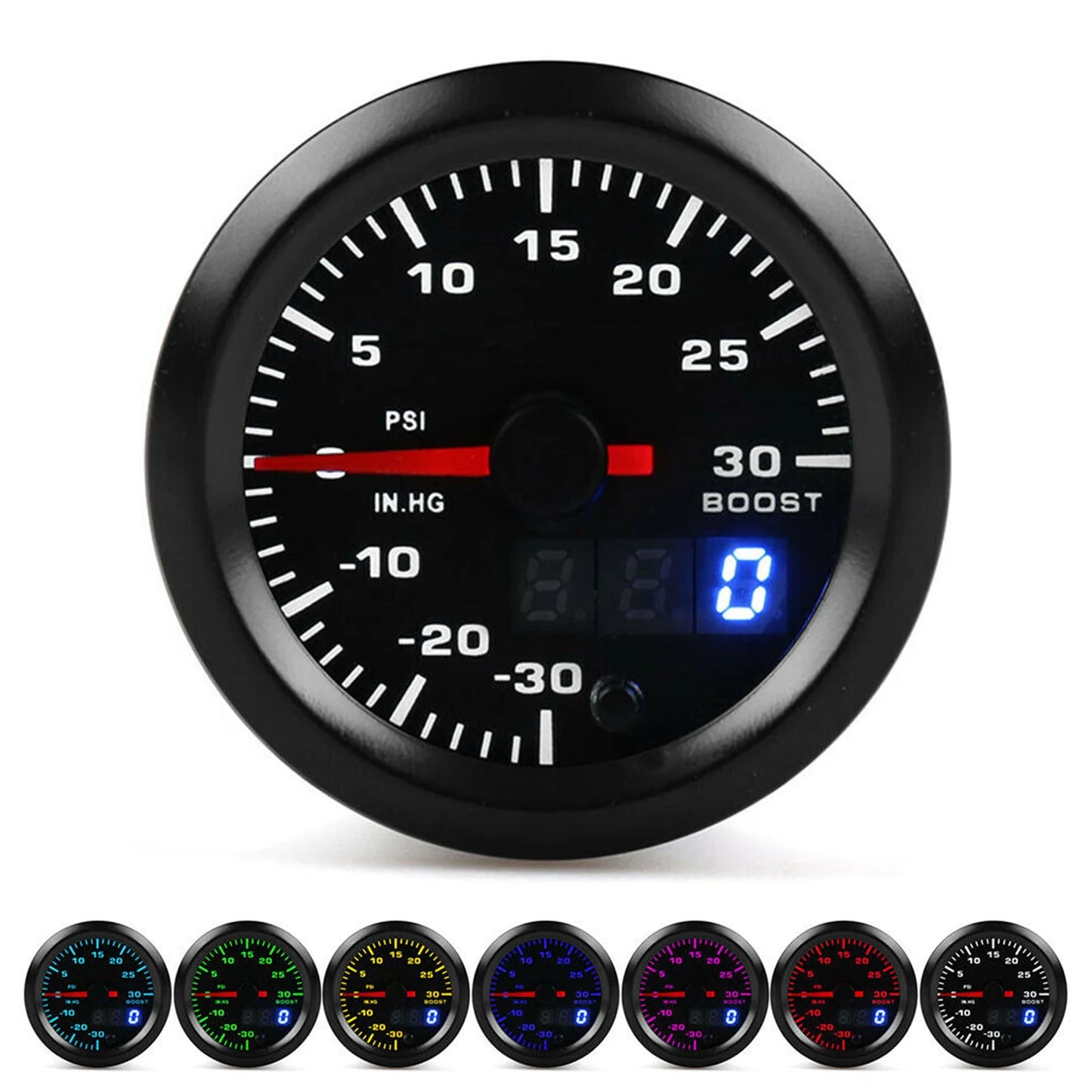 2in/52mm Universal 7 Colors LED Turbo Boost Meter PSI Pressure Gauge Digital Display Pointer Boost Sensor Vacuum Pressure Meter