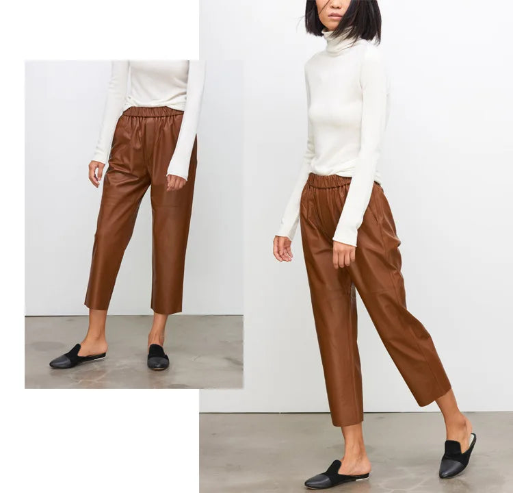 2026 New Streetwear Plus Size Pants Y2k Fashion Genuine Leather Harem Pants Women Real Sheepskin Trousers High Elastic Waist