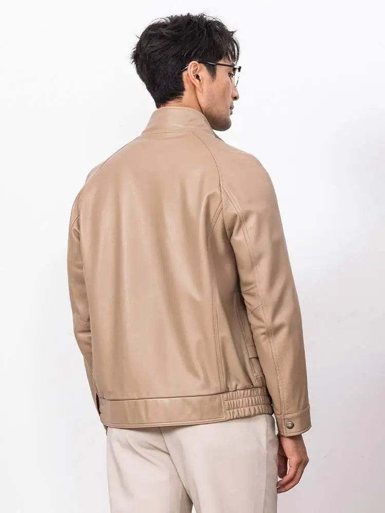 New Designer Men Natural Real Sheepskin Jacket Stand Collar Business Work Soft Genuine Leather Jacket Zip Casual Punk Style Coat