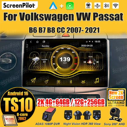 For Volkswagen VW Passat B6 B7 B8 CC 2007- 2021 Android 16 Car Radio Multimedia Video Player GPS Navigation Touch Screen RDS 5G