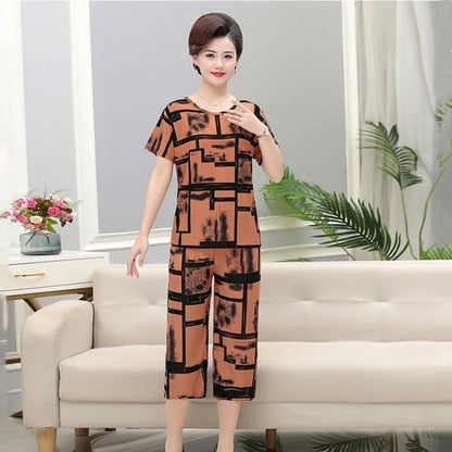 Summer 2025 Ice Silk Loose Fit Short Sleeve round Neck Two Piece Set for Middle-Aged And Elderly Casual Style Comfortable Wear