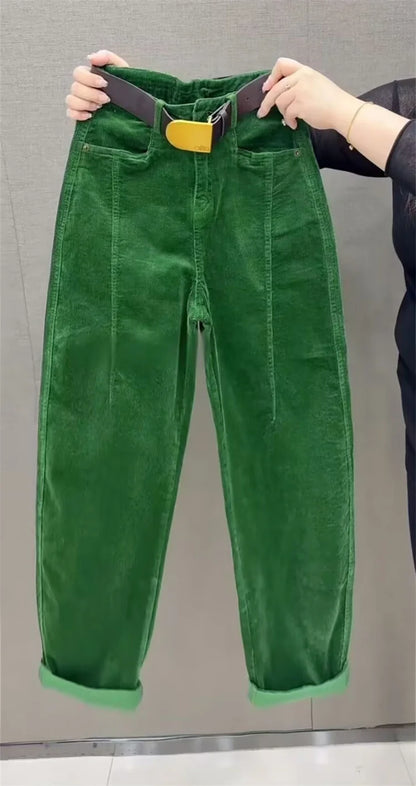High Waist Cotton Corduroy Harlan Pants Slim Fit Casual Nine Point Knife  Straight Leg Crop Leisure Long Trousers