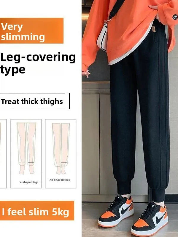 plus Size Women's Slimming Fleece Lined Cuffed Thickened Warm Sports Pants Commute Style Korean Fashion Winter Collection