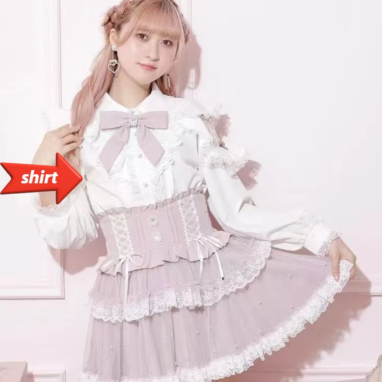 Jirai Kei Lolita Blouse Kawaii Top Women Cute Japanese Style Shirt with Bow Y2K Elegant Long Sleeve Sweet Casual Aesthetic Tops