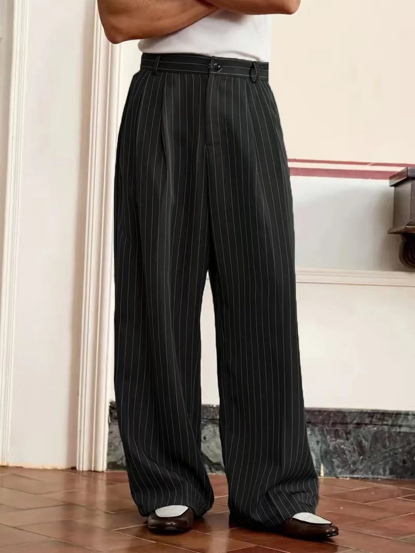 plus Size Men's Casual Striped Suit Pants Leisure Wide Leg Trousers for plus Size Men