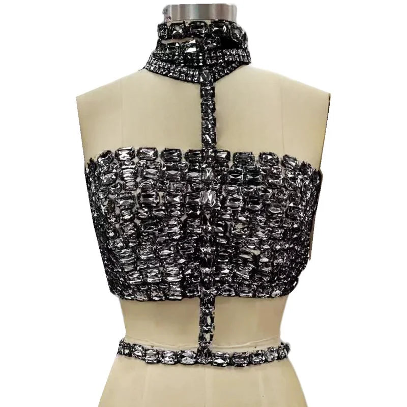 High Quality Stylish Item Super Shining Diamonds Fashionable Neck Chain Short Strapless Top Hot Sexy Woman Fashion Party Outfit