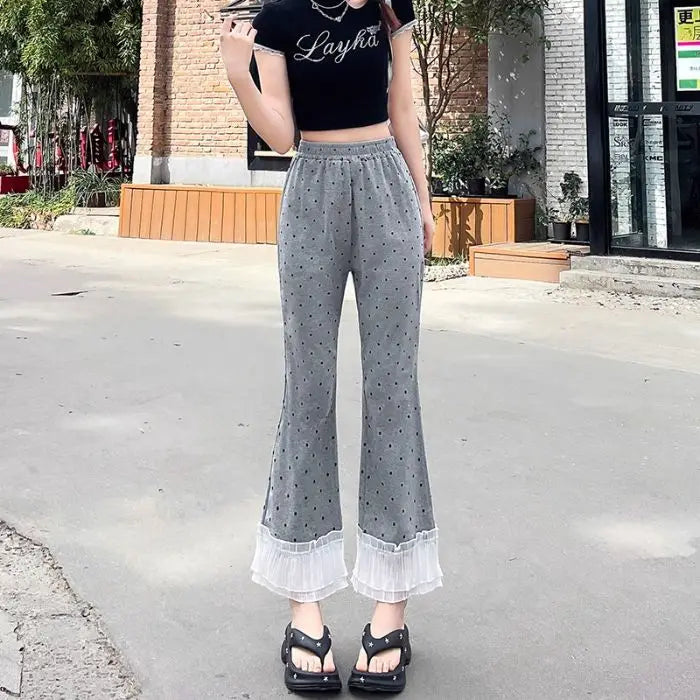 High Waist Lace Trim Bell Bottom Pants Women Summer 2026 New Style Slim Fit Small Size Nine Point Straight Micro Flared Polka...